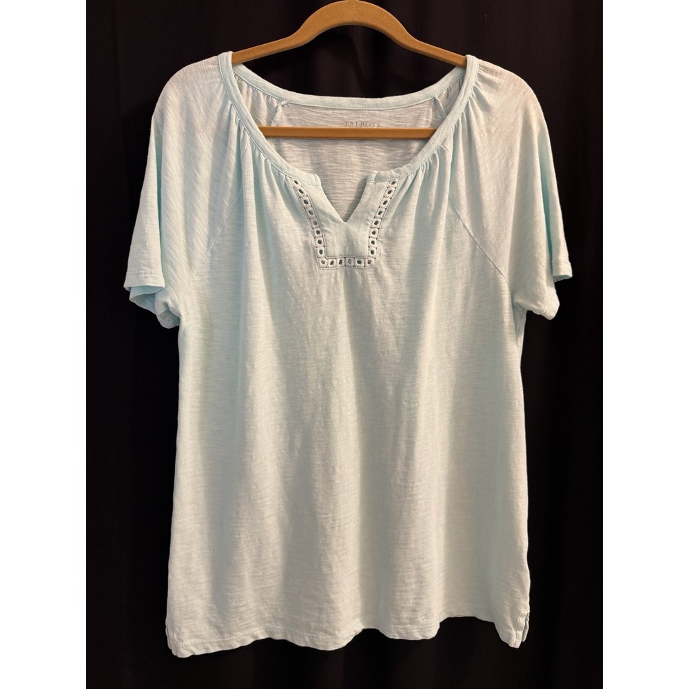 Talbots Women's M Blue Solid Knit 100% Cotton V-Neck Eyelet Raglan T-Shirt